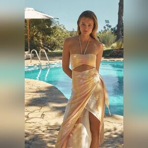 L Space Solana Halter Cut Out Dress Cover Up Sarong Striped Pink Size L Beach